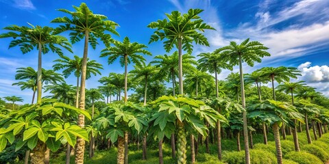 Obraz premium Lush Paw Paw Trees in a Tropical Setting Surrounded by Vibrant Green Foliage and Clear Blue Sky
