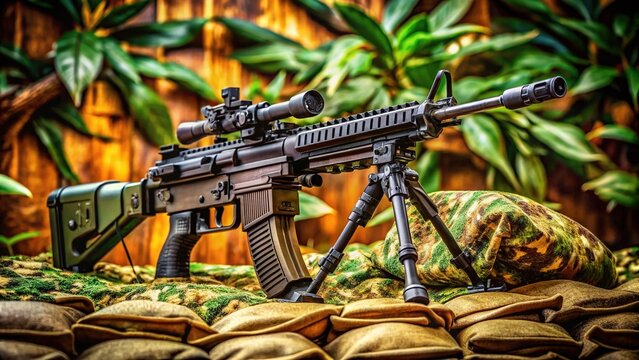 M249 Light Machine Gun in Military Setting with Camouflage Background and Tactical Accessories Displayed