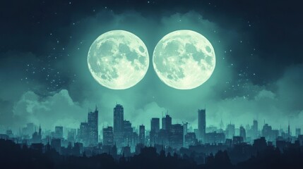 A futuristic city of the future on an alien planet, bathed in the green moonlight of two celestial bodies against a hazy background.