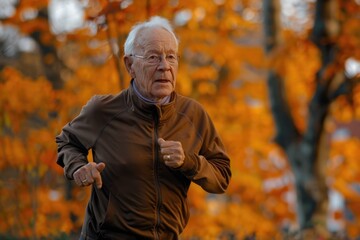 Fototapeta premium Older man jogging or running in a park, possibly exercising or enjoying outdoor activity