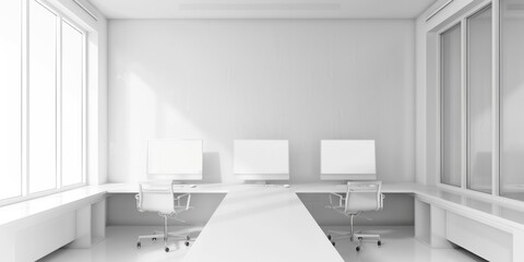 A minimalist setting with a long table and chairs in a white room, suitable for business or educational purposes