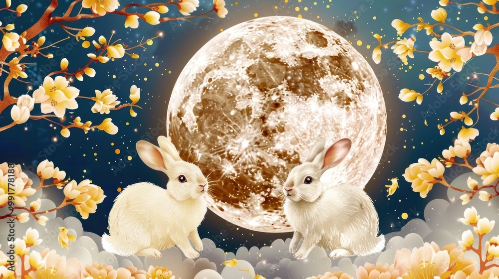 Poster a couple of rabbits standing in front of a full moon
