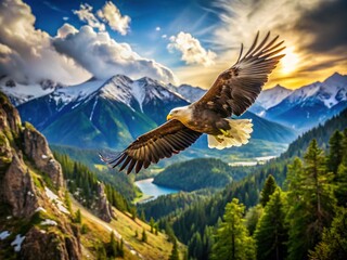 Obraz premium Majestic Eagle Soars Over Scenic Wilderness Landscape Captured in Breathtaking Outdoor Video