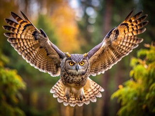 Obraz premium Majestic Great Horned Owl in Flight Against a Clear Sky Showcasing Its Powerful Wingspan and Beauty