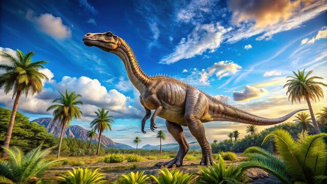 Majestic Maiasaura Dinosaur Roaming in a Lush Prehistoric Landscape under a Bright Blue Sky