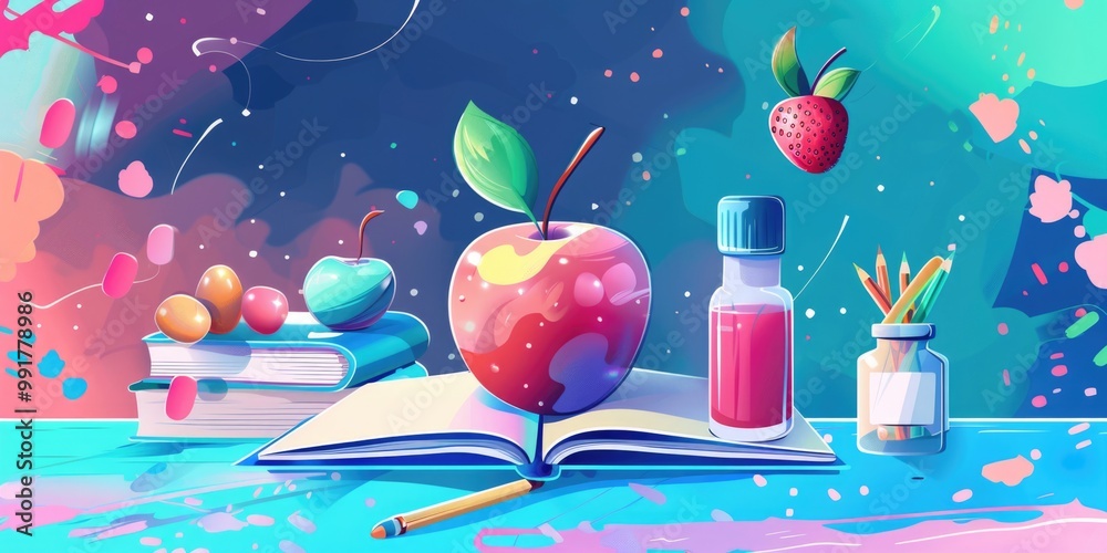 Poster a book with an apple and a bottle of liquid on top, possibly used as a prop or symbol