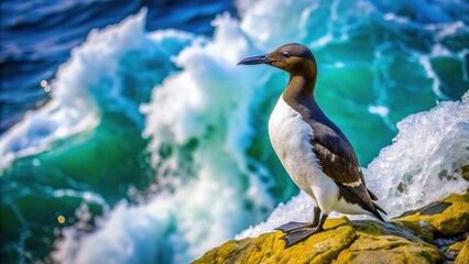Fototapeta premium Majestic Murre Perched on Rocky Cliffside with Ocean Waves Crashing in the Background
