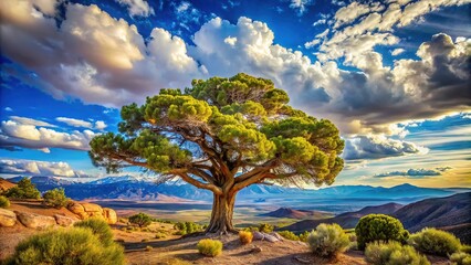 Naklejka premium Majestic Nevada State Tree Surrounded by Scenic Landscape Under Bright Blue Sky and Soft Clouds