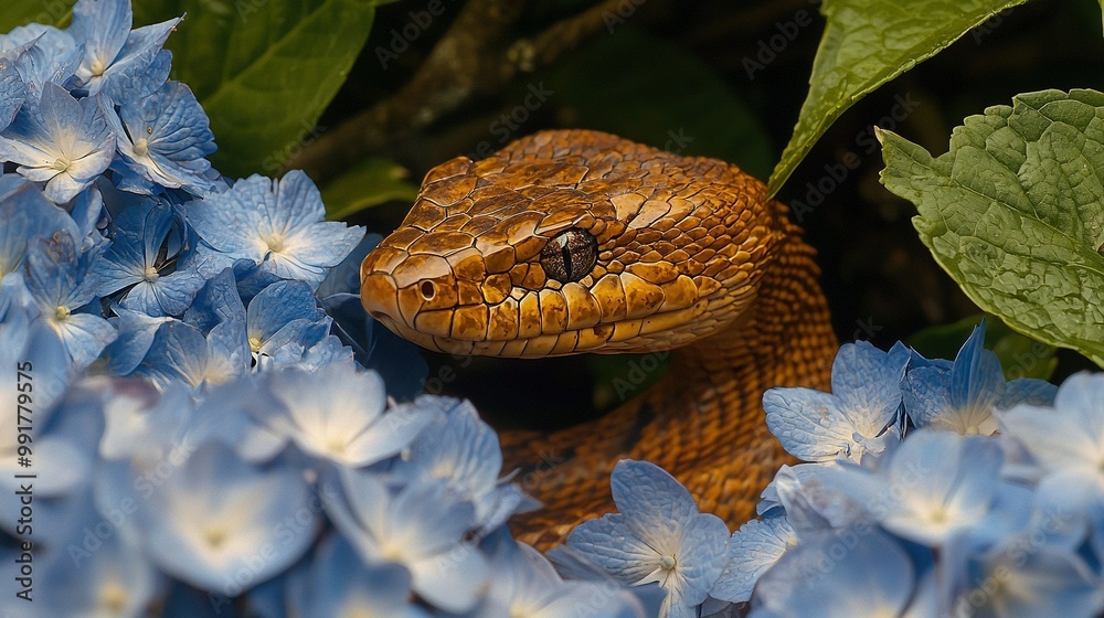 Wall mural   A brown snake is perched on a blue flower, adjacent to a lush, green plant with several blue blossoms in the foreground