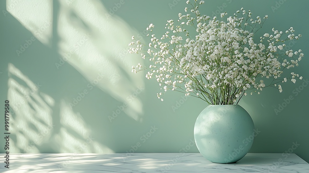 Canvas Prints White flowers in a blue vase on a white marble table against a green wall with light streaming in.