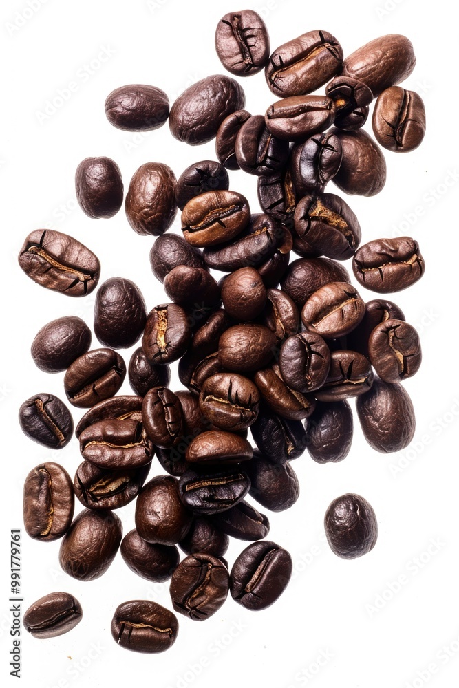 Poster a stack of coffee beans on a clean white surface, perfect for use in food photography or as a design