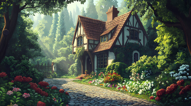 Charming tudor-style house in a lush forest with cobbled path and colorful flowers. Tudor Architecture. Illustration