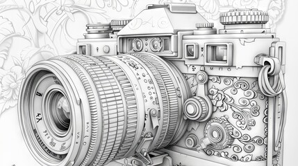 Intricate line art drawing of a camera with unique details