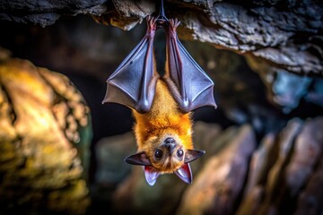 Obraz premium Mysterious Bat Hanging Upside Down in a Dark Cave Environment with Natural Rock Formation Background