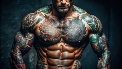 Fototapeta premium Muscular man showcasing intricate tattoos on arms and torso in a captivating and bold pose
