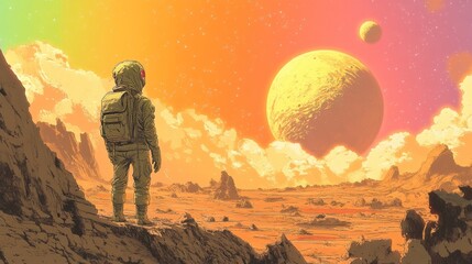 Fototapeta premium An imaginary scene of an alien humanoid on a rocky platform with a bright sky and a large satellite.