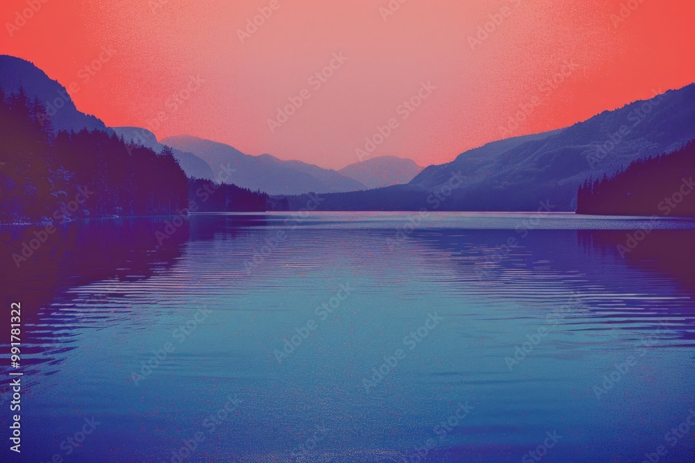 Poster a serene lake scene with mountains in the background