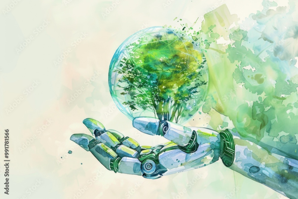 Aufkleber a robotic hand holds a small green tree within a glass orb, a futuristic and innovative concept