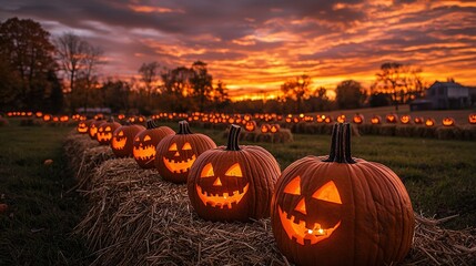   Carved pumpkins line up on hay bales, framing cloud-filled sky