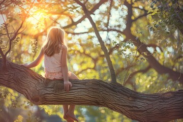 A little girl sitting on a tree branch, enjoying nature