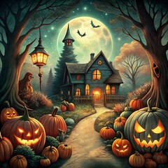 Halloween night background with a haunted house, pumpkins and bats in the sky. Scary haunted house at night cartoon illustration. Horror moon, pumpkins and tombstones creepy backdrop.