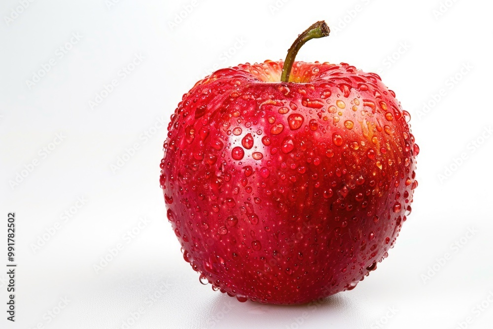 Poster a close-up of a red apple with water droplets on a white surface