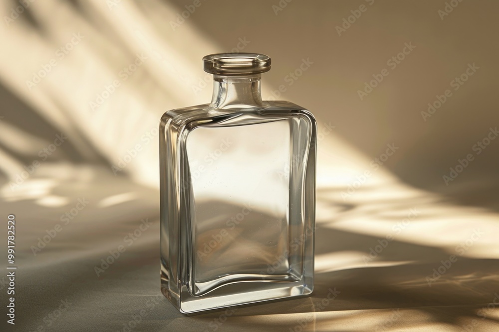 Poster a clear glass bottle sitting on a table, ideal for use as a prop or decorative element in your proje