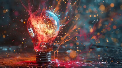 Creative colored light bulb explosion with shards and paint, a creative idea. Think different, concept. Business, ideas and the discovery of new technology