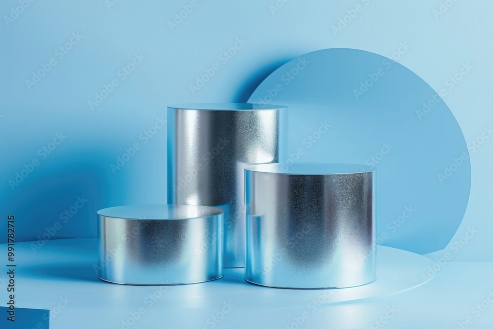 Poster a collection of metal containers stacked on a table surface