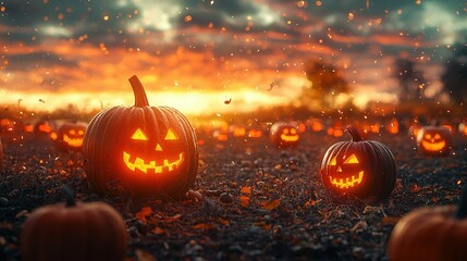  Jack o'lantern pumpkins on a field by a tree-filled forest