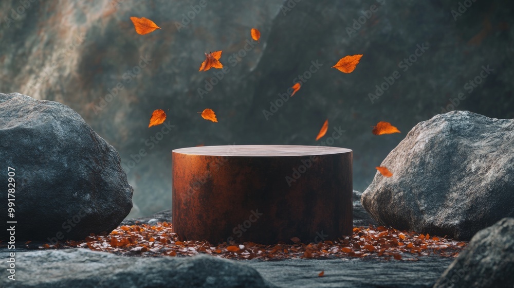 Poster A round wooden platform rests on a rocky surface surrounded by scattered leaves. Large rocks on either side of the platform and leaves fall around it.