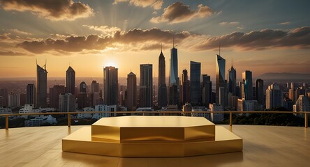 Golden luxury podium for display with city in the background