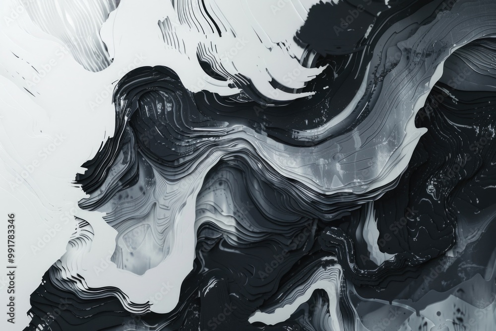 Poster a realistic painting of a wave in shades of gray, perfect for use in designs related to calmness or 