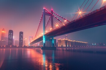 Obraz premium A long bridge stretches across a body of water at night, illuminated by moonlight