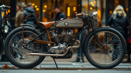 Fototapeta premium Vintage Motorcycle Display on City Street During Evening Rush Hour with Passersby in Background Elevating Nostalgic Theme and Urban Lifestyle