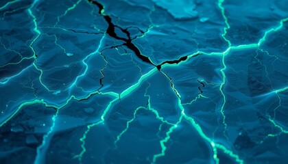 Naklejka premium Electric Blue Cracks in Fractured Icy Surface, Cold Abstract Design