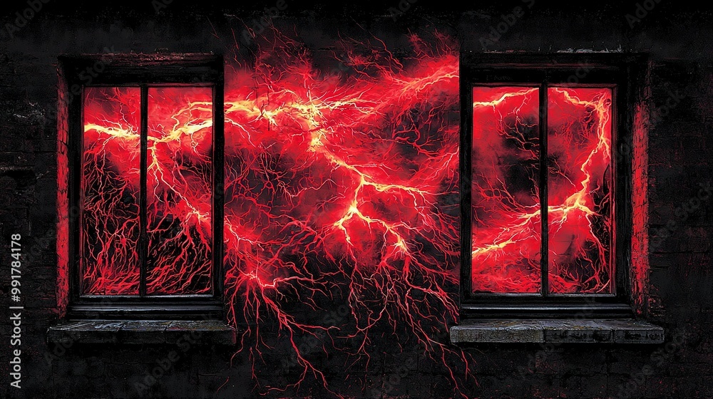 Canvas Prints   Window with intense red lightning bolts emanating from it, appearing explosive