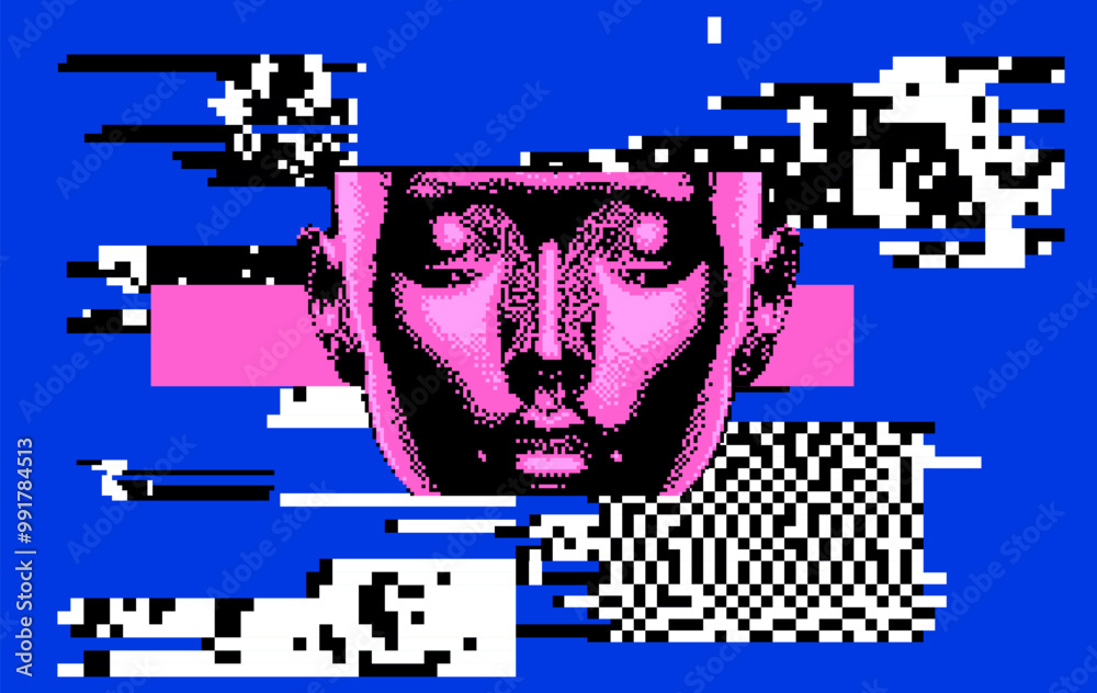 Poster glitchy and distorted human face appearing out of pixel noise. a conceptual illustration on artifici