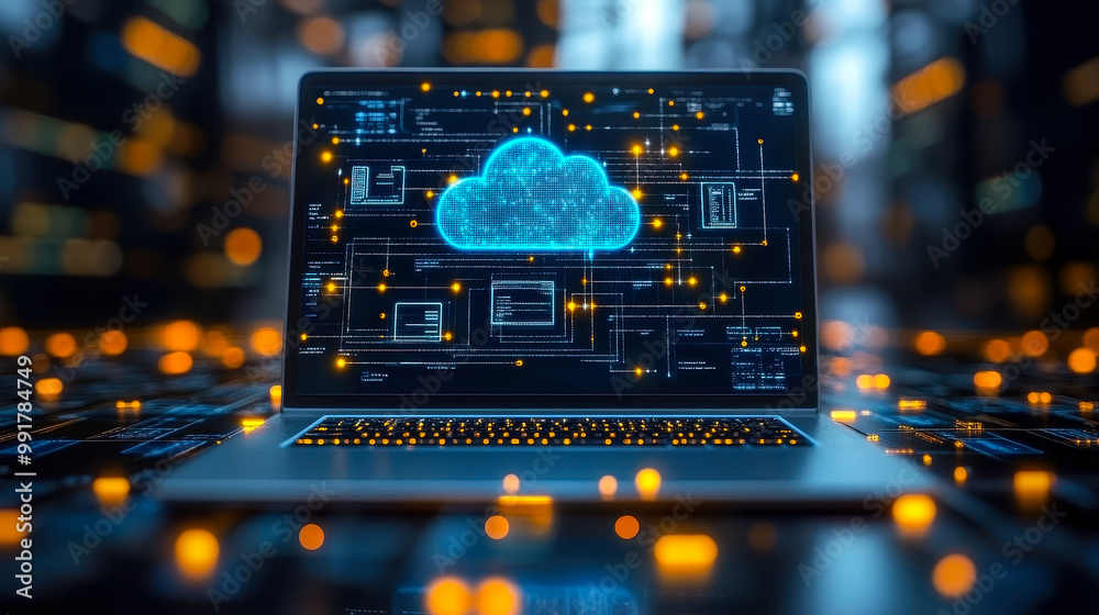 Poster laptop showing cloud computing diagram in data center environment with glowing network connections f