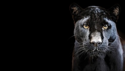 Obraz premium Front view of Panther on black background. Wild animals banner with copy space. Predator