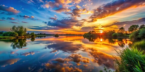 Serene Landscape at Dusk with Vibrant Sunset Colors Reflecting on Calm Water Surface in Nature