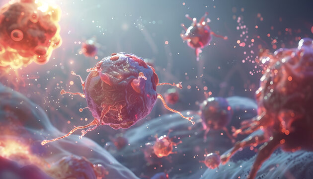 Image depicting targeted cancer cells in the context of precision medicine, showcasing cancer cells being precisely targeted by medical interventions