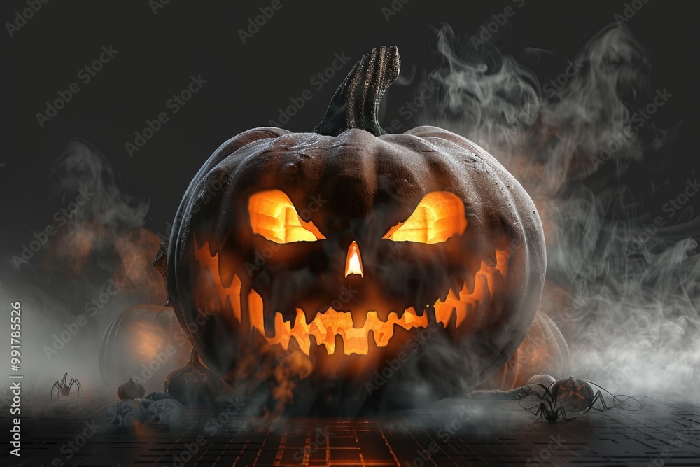 Wall mural A spooky Halloween pumpkin with glowing eyes in a foggy atmosphere, perfect for dark and eerie scenes