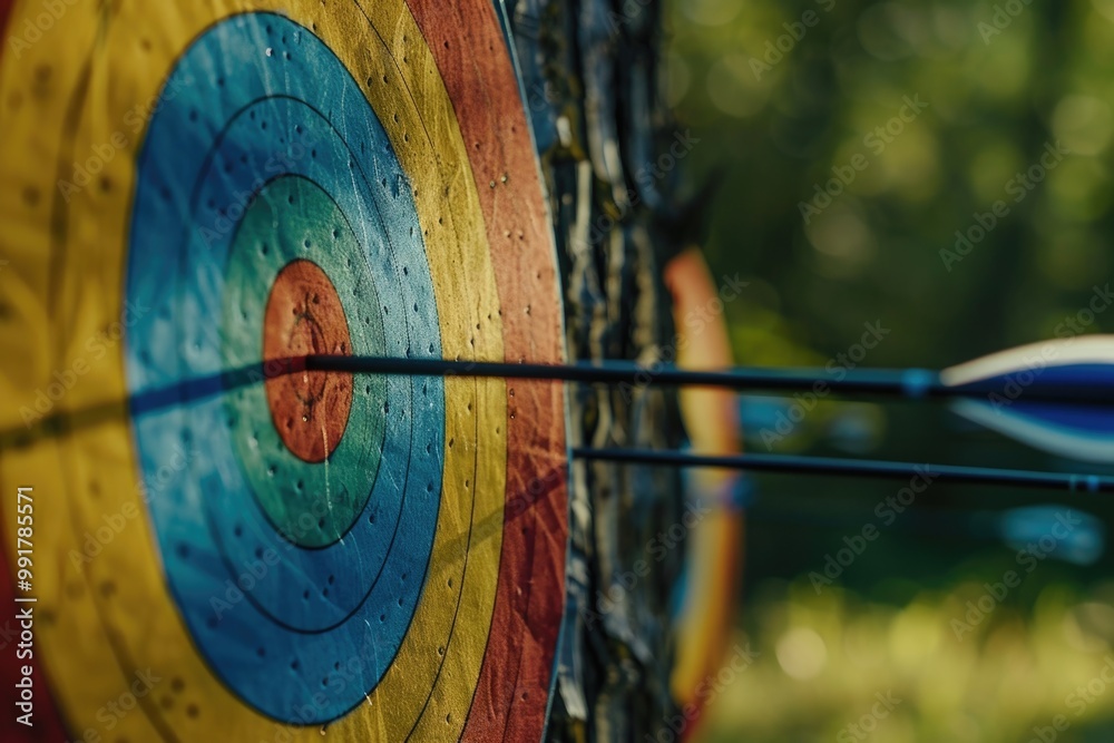 Poster a close-up shot of an arrow and its target, ready for action