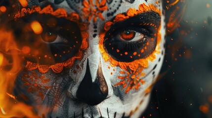 A person's face is painted like a skull, a Halloween-themed look