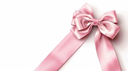 A realistic, shiny pink satin bow with ribbon is placed in the corner, casting a shadow, perfect for decorating your greeting card