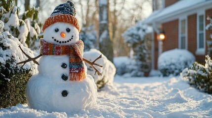 Fototapeta premium A snowman in a red hat and scarf stands in the snow in front of a house with snow on it