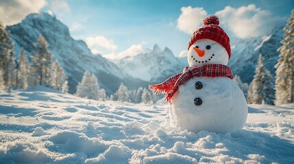Obraz premium A snowman in a red hat and scarf stands in the snow in front of a mountain covered in snow