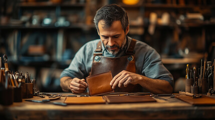 A Leather Craftsman Hand-Stitching a Wallet with Tools