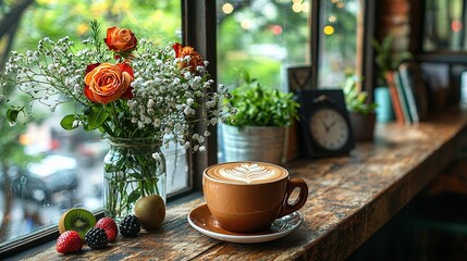Fototapeta premium A coffee cup perched atop a windowsill alongside a blooming vase of fruits